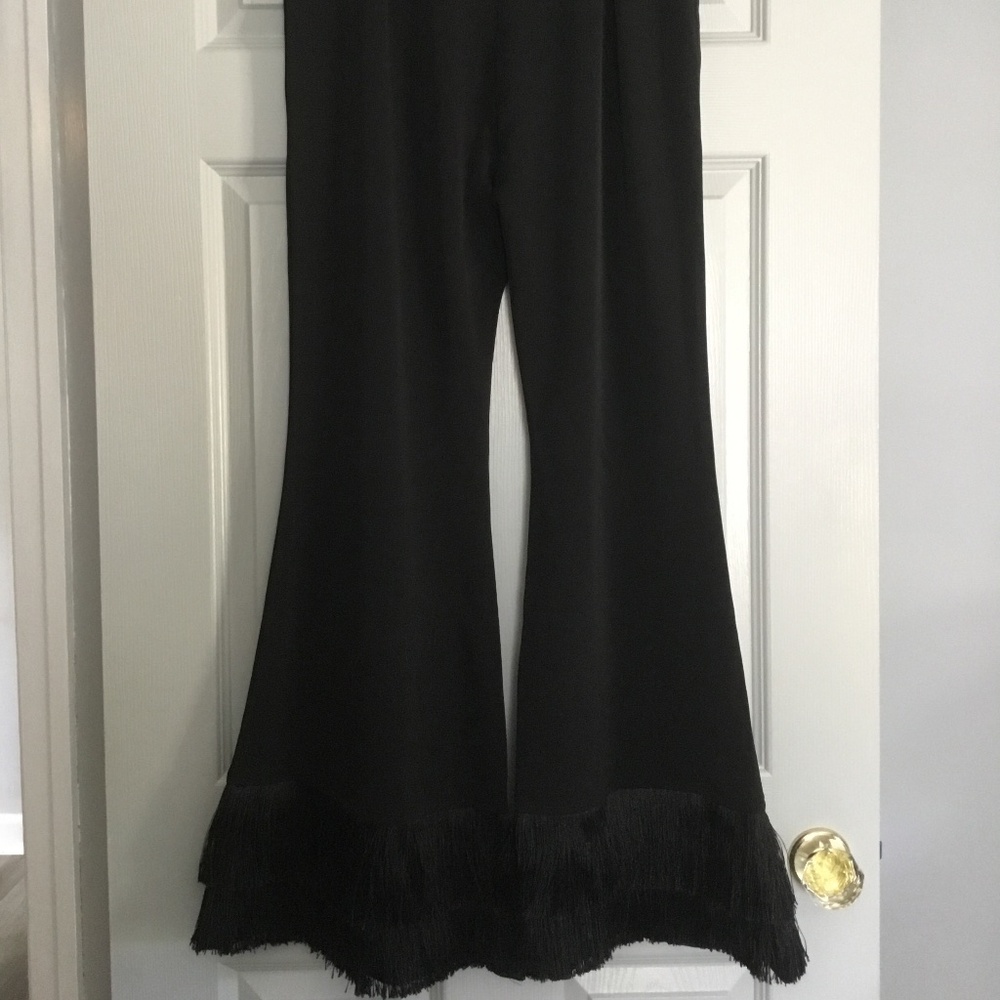 Black flared double tiered double fringed hippie boho pants side zip size NEW